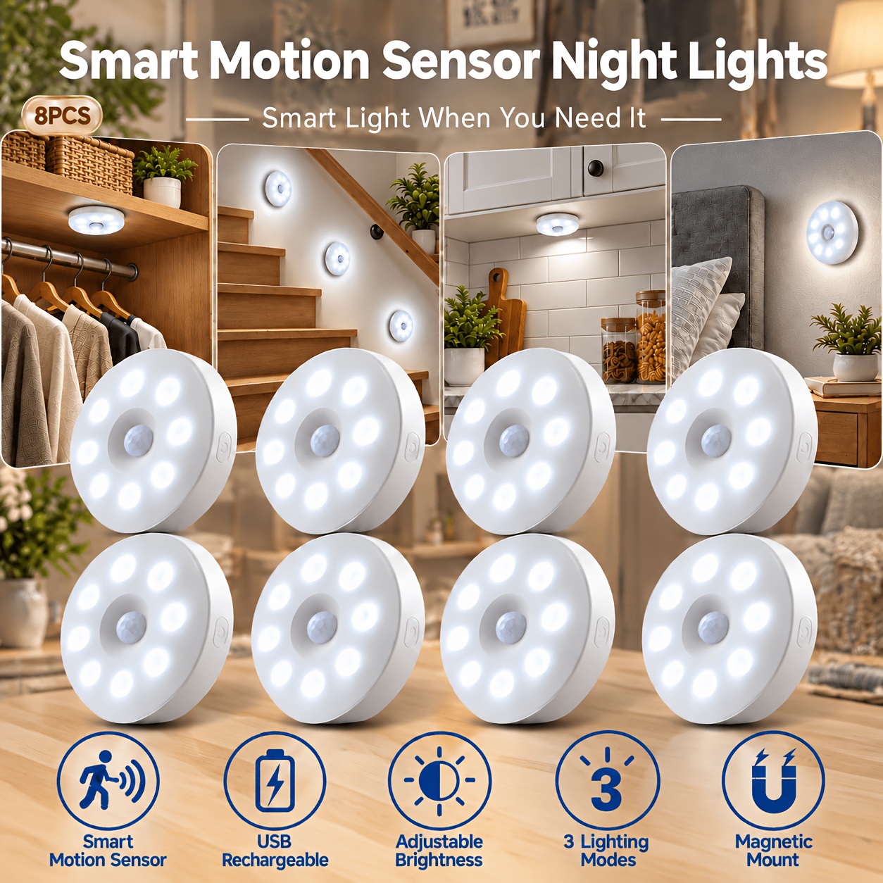 TEMU 8pcs Set Led Motion Sensor Lights Usb Rechargeable, Motion Sensor, Adjustable Brightness, Magnetic Installation, Solid Color, Polished End,