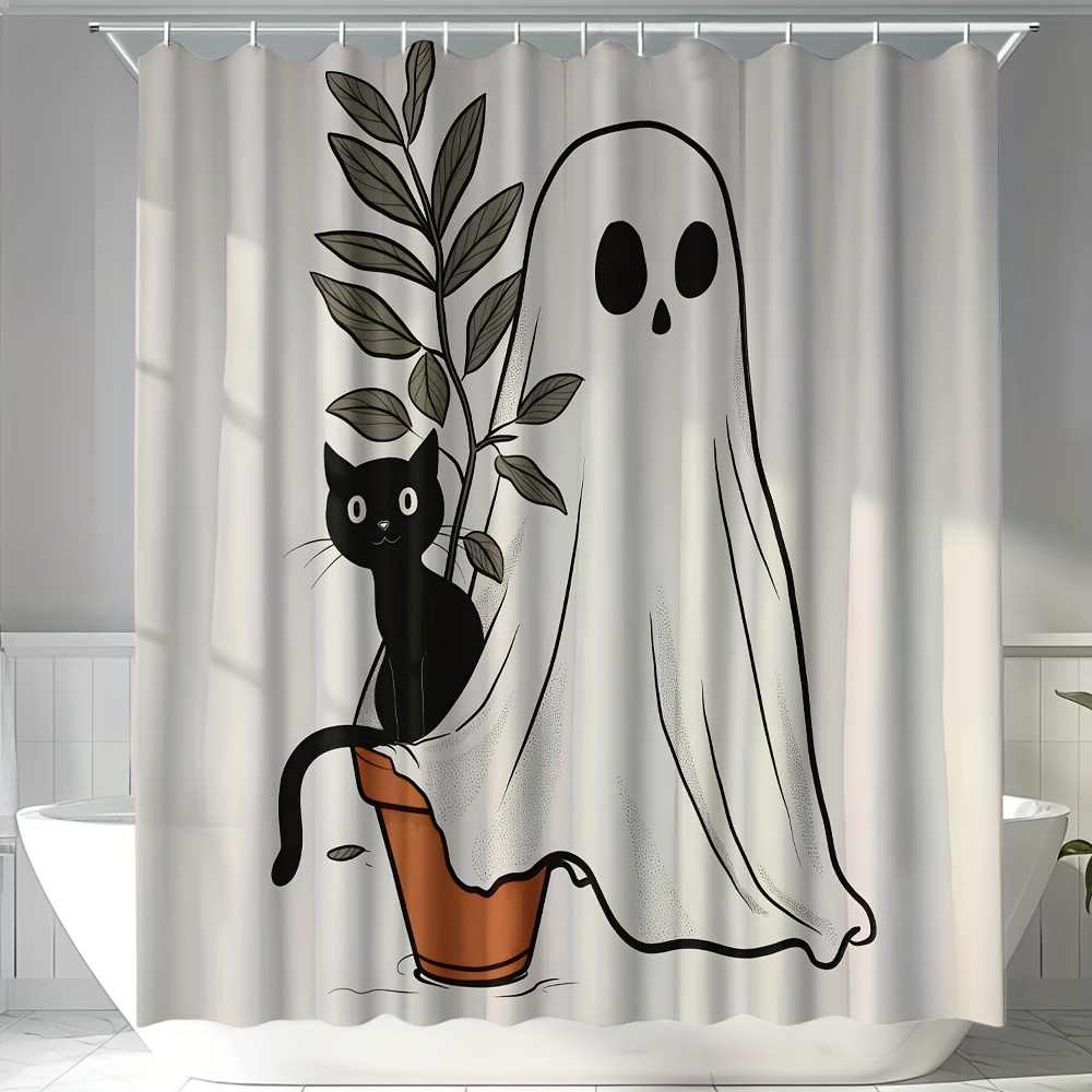 

Home Polyester Shower Curtain With And Cat Cartoon, Water-resistant Satin Weave, Machine Washable, Horror Theme With Mouse Detail, Includes 12 Hooks - Ripple Fold, All-season Unlined Curtain