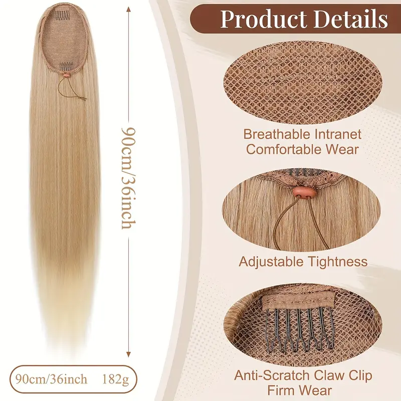 36 inch long straight drawstring ponytail synthetic hairpieces ponytails for women clip suitable for all hair types details 5