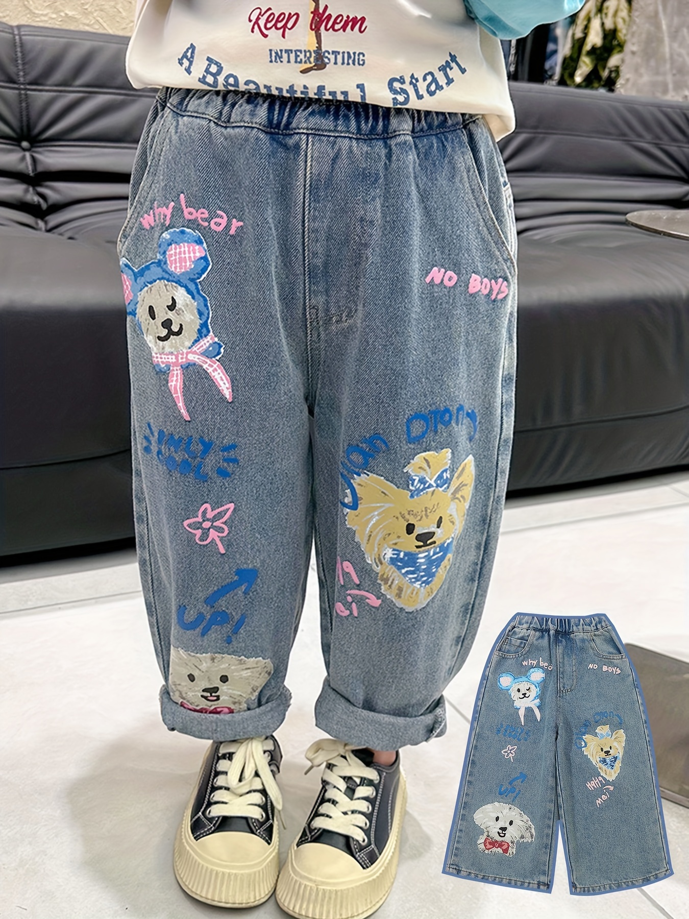 Fashionable Graffiti Denim Pants For Girls, Wide-leg Baggy Jeans For Street  Outfit