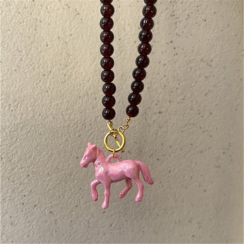 Image of Fashionable 's Eye Beaded Chain With Pink Golden Color Horse Pendant Necklace, Suitable For Women', Party, Music Festival, Valentine's Day Outfit And Gift