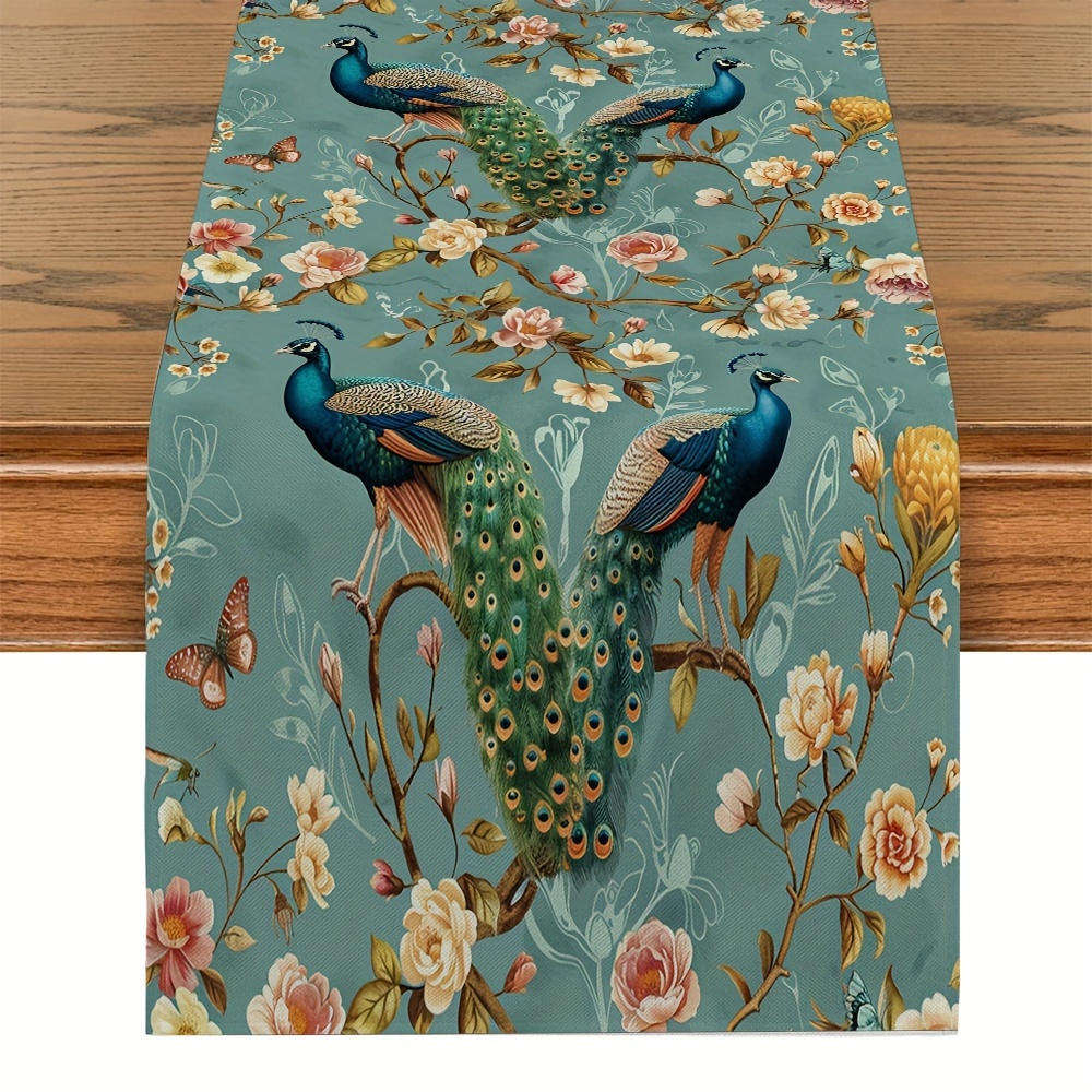 

Peacock Butterfly Floral Table Runner - Elegant Woven Polyester Rectangle Table Cloth For Kitchen Dining Party Room Decor - Home Restaurant Decorative Table Flag - 71" X 13" (1pcs)