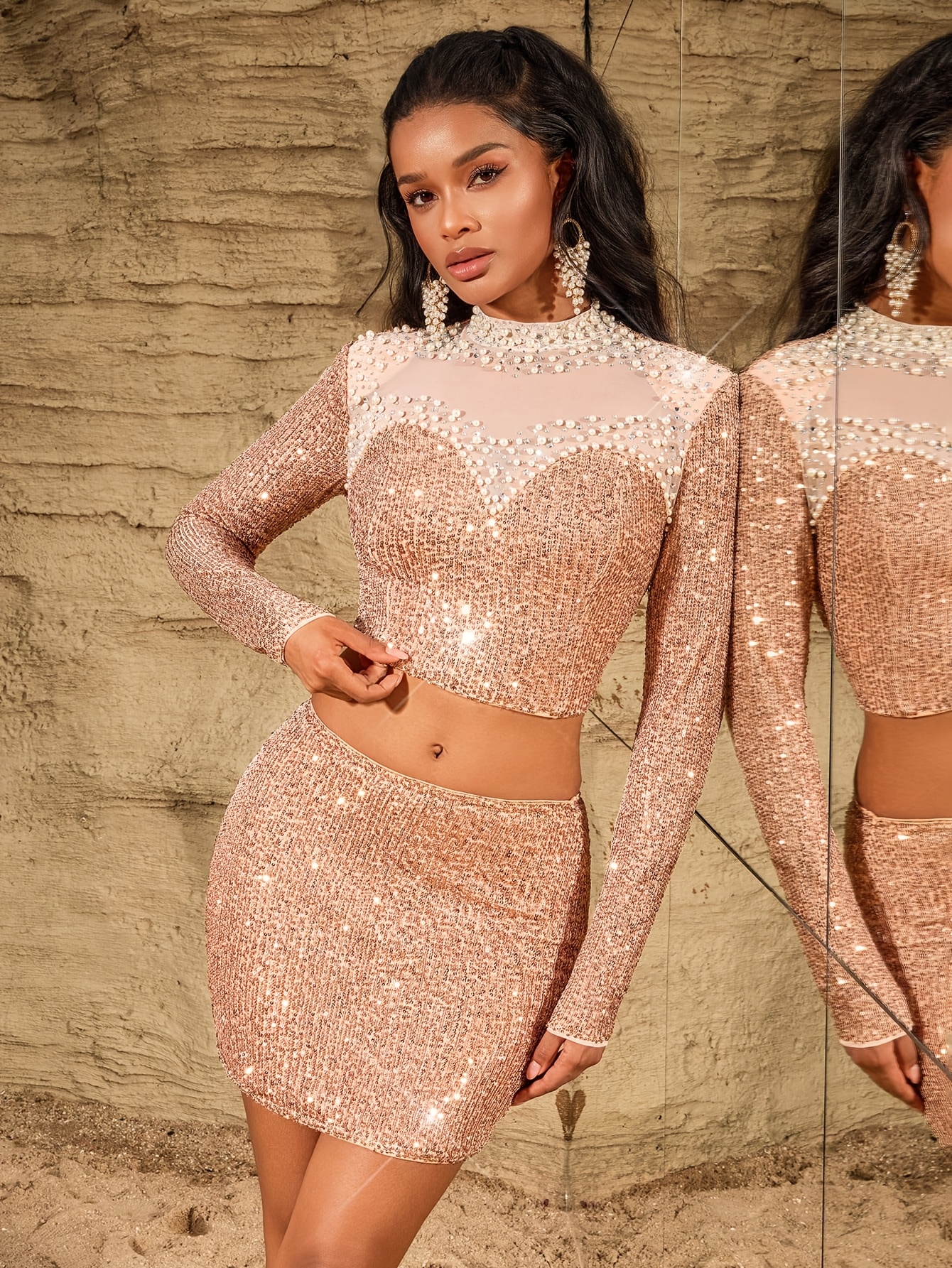 womens gorgeous sequin and   appliqu mesh     and short skirt 2pcs set party and evening dress suit