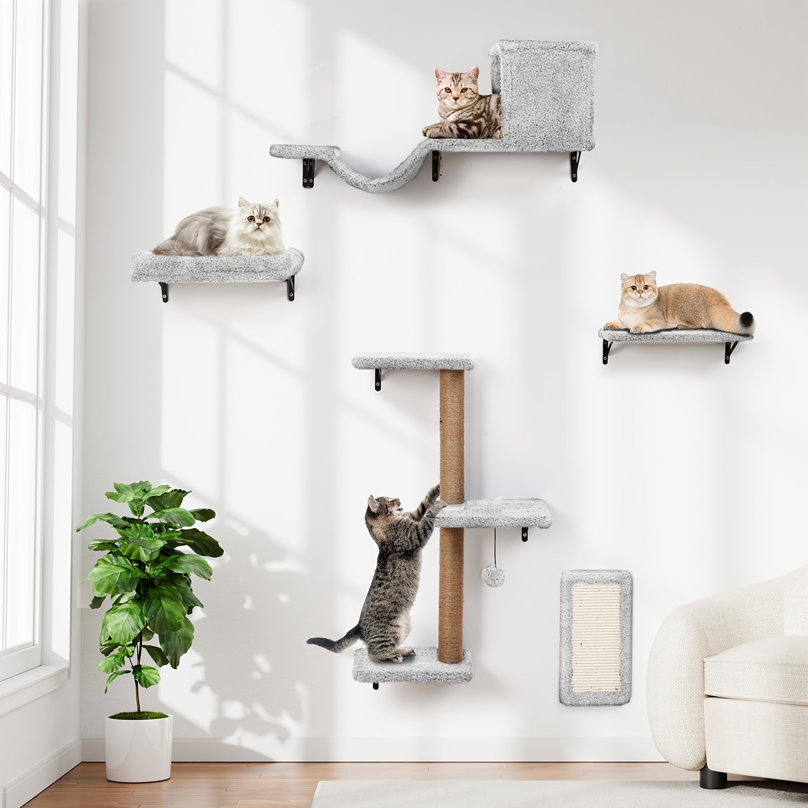 TEMU 6-in-1 Wall Mounted Cat Wall Shelves, Multi-level Cat , Cat Perch Lounge For Indoor Cats, Space Saving Shelves For Play And Rest, Natural Wood