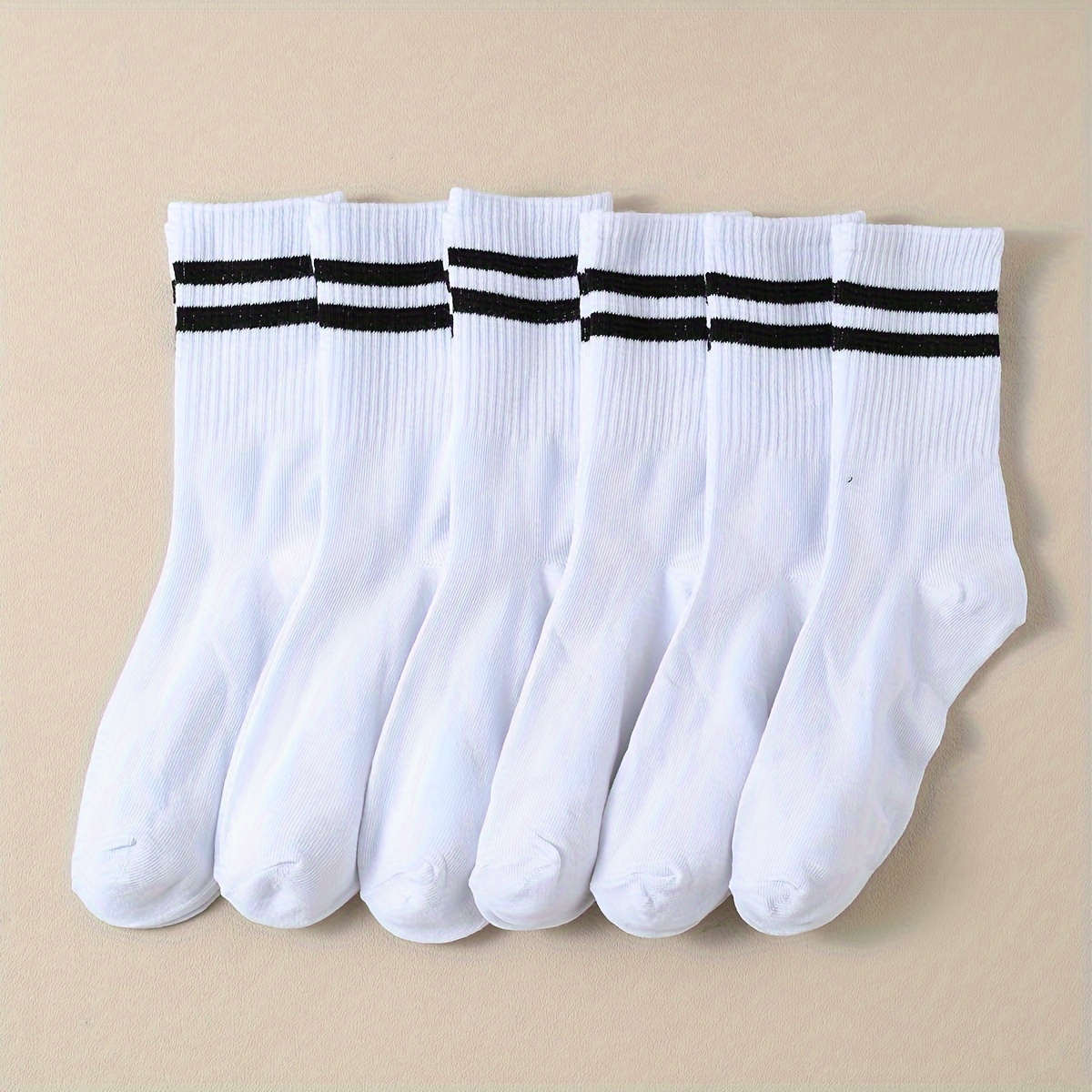 

6 Pairs Striped Crew Socks, Simple & Breathable Mid Tube Socks, Women's Stockings & Hosiery