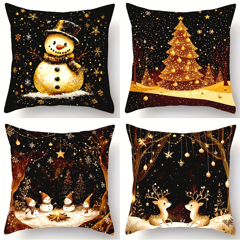 TEMU 4pcs, Christmas Set Of 4, 18x18 Inches, Christmas Tree Snowflake, Merry Christmas Decoration, Black Pillowcase, Winter Farmhouse Decor, Suitable