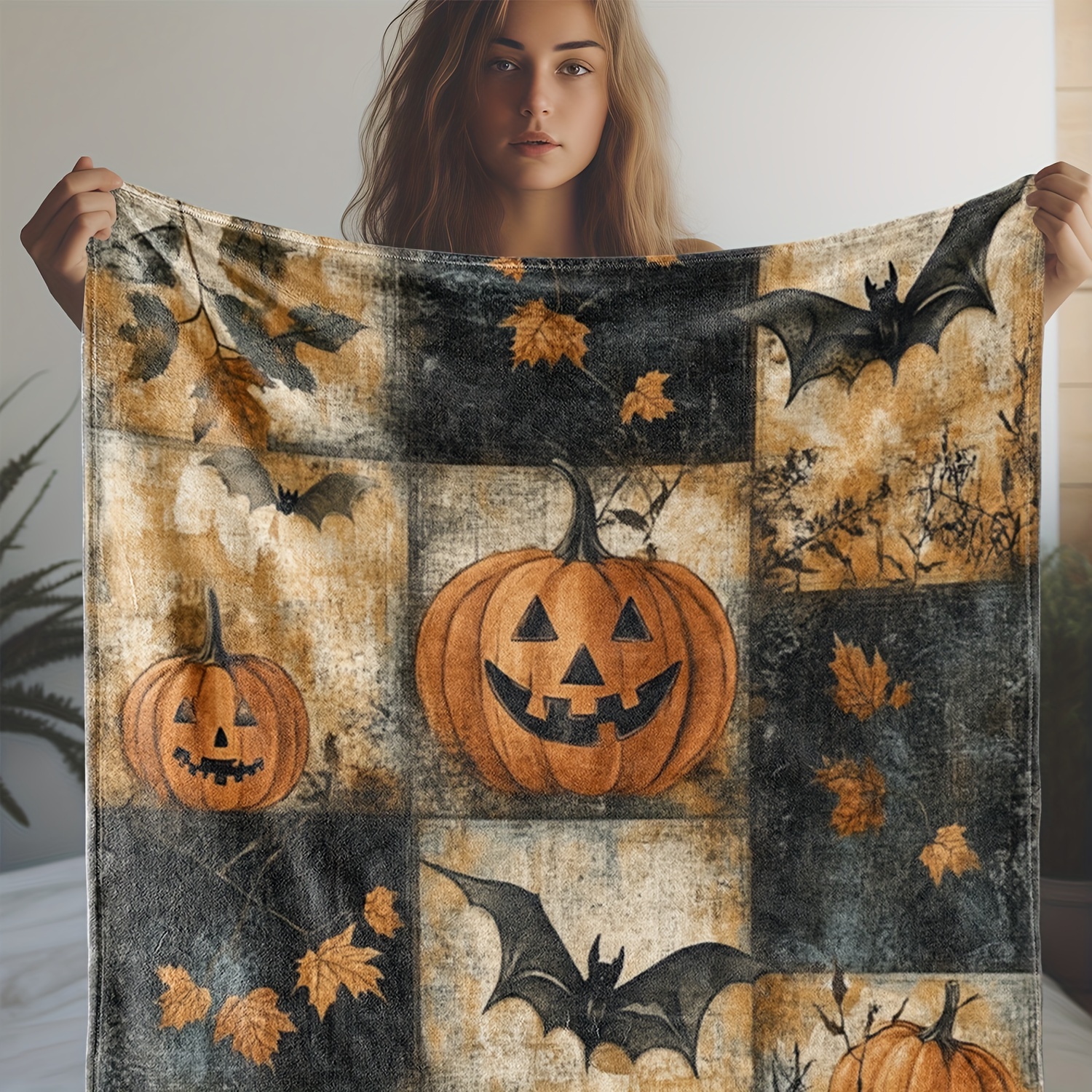 

Cozy Flannel Throw Blanket With Pumpkin & Bat Print - Soft, Warm, And For Couch, Bed, Car, Office, Camping, And Travel - Perfect Gift