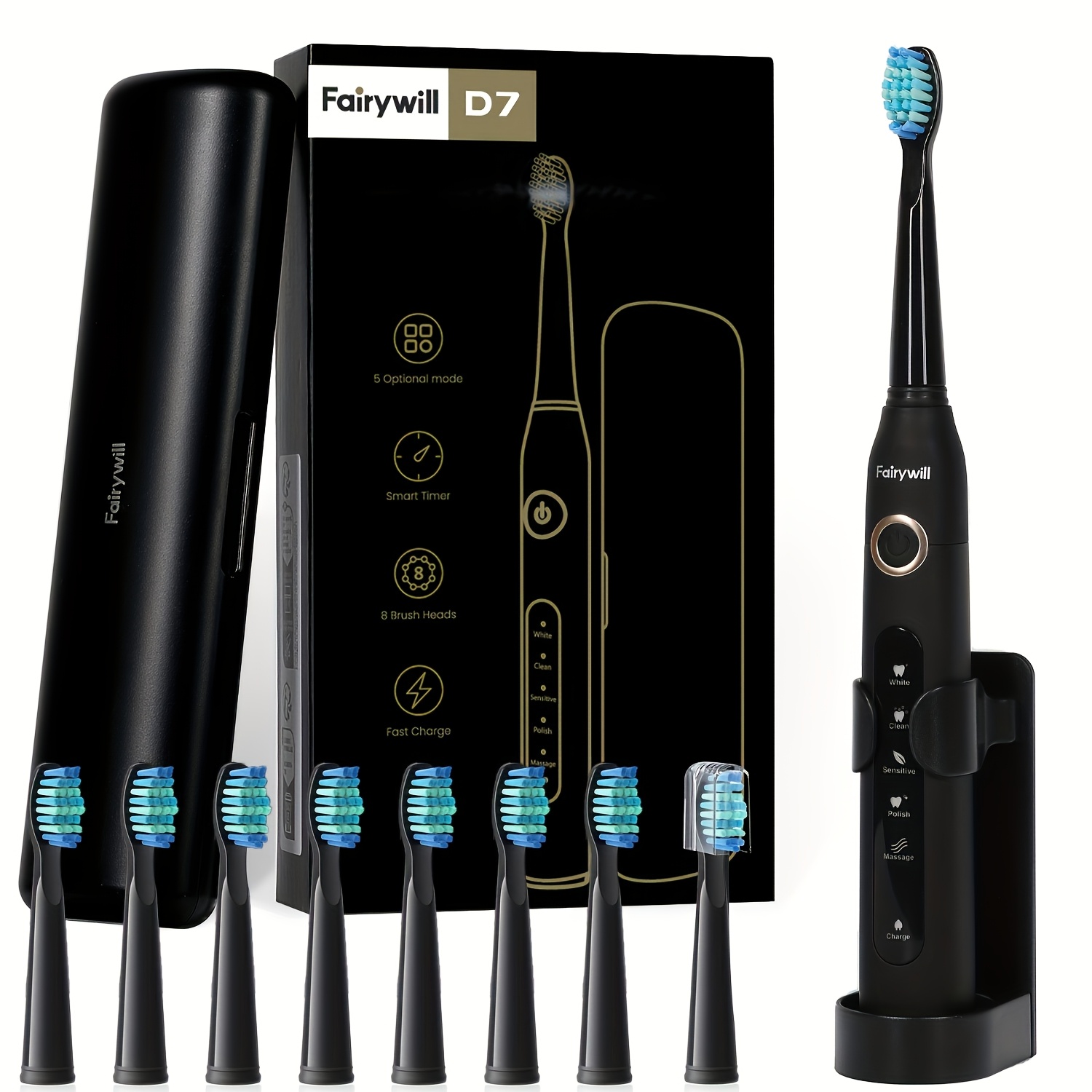 Image of Fairywill Electric Toothbrush For Adults, 8 Replaceable Toothbrush Heads Portable Case And Stand Usb Rechargeable With Brush Heads, 5 Cleaning , , 3-hour Fast Charge For Ideal Christmas Gifts