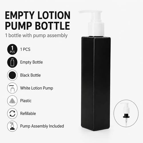 1 pack bouteille de lotion carrée noire vide avec pompe blanche, bouteille distributeur de liquide rechargeable en plastique avec tube de remplissage pour lotion, shampooing et