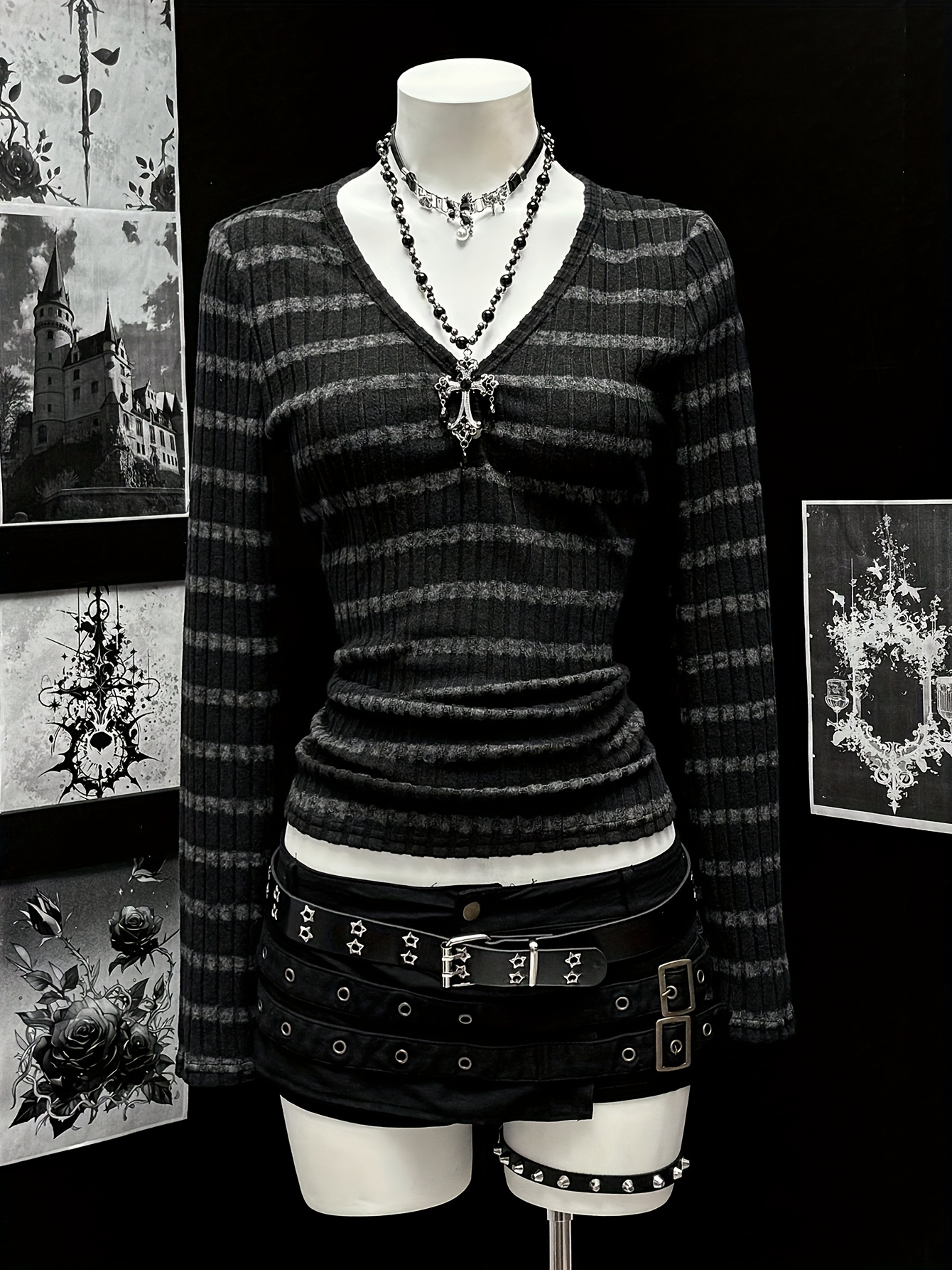 トップス SETUPEXE 33 STRIPE V-NECK TOP BLACK womens v neck fit gothic striped top vintage a - Temu South Africa