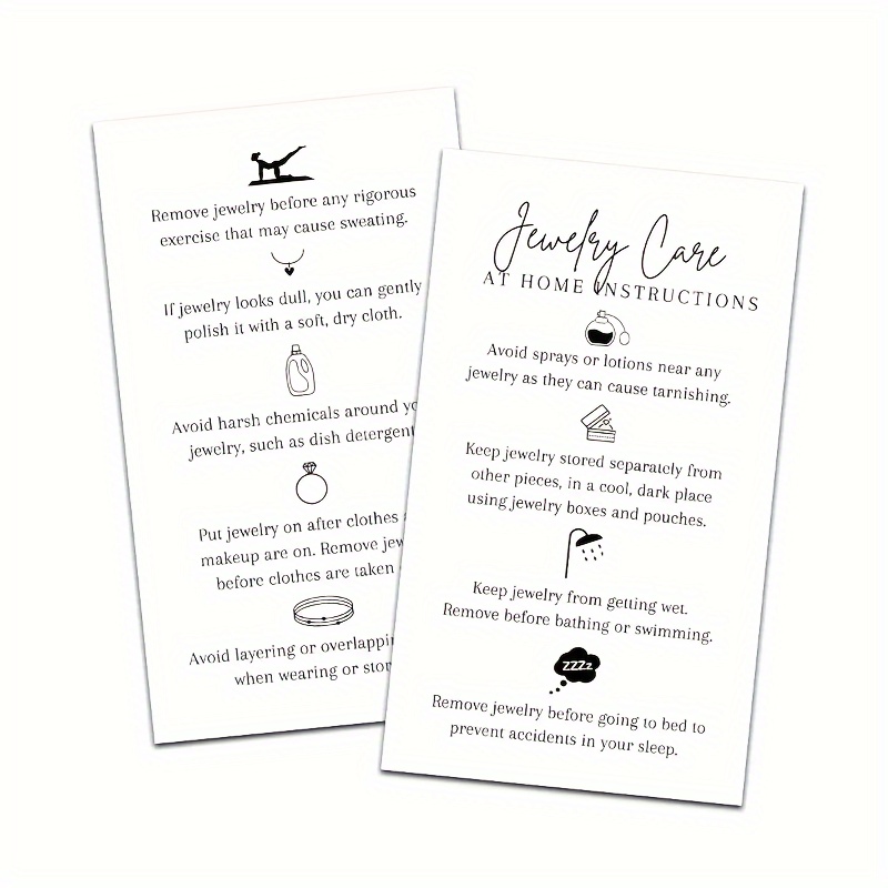 

50 Minimalist Jewelry Care And Cleaning Cards - White And Black Design, Perfect Customer Instructions And Gift Packaging