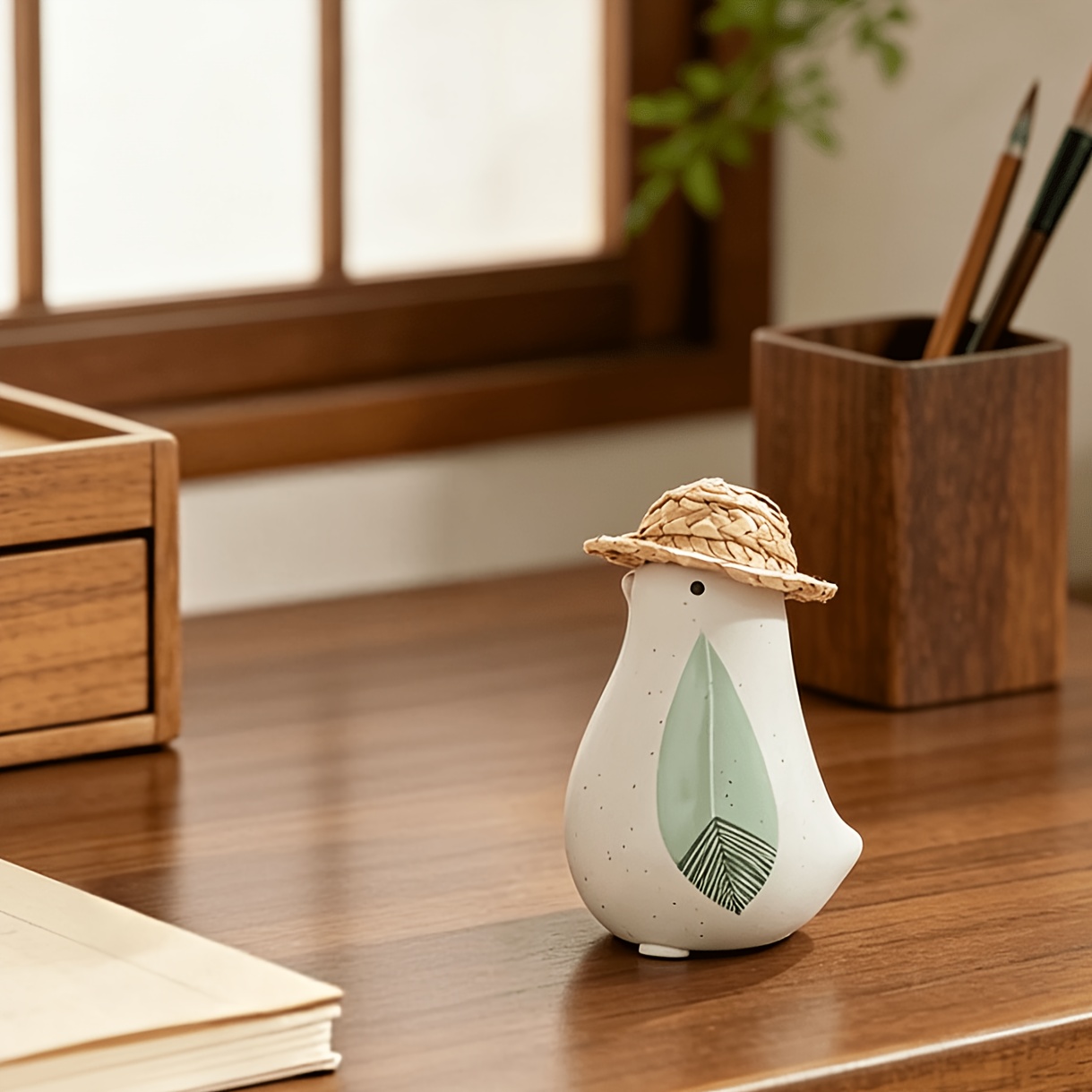 TEMU 2pcs Easy Straw Hat Bird Sculpture (1pc Hat And 1pc Green Bird), Home Decoration Ceramic Animal Sculpture, Desktop And Bookshelf Ornaments,