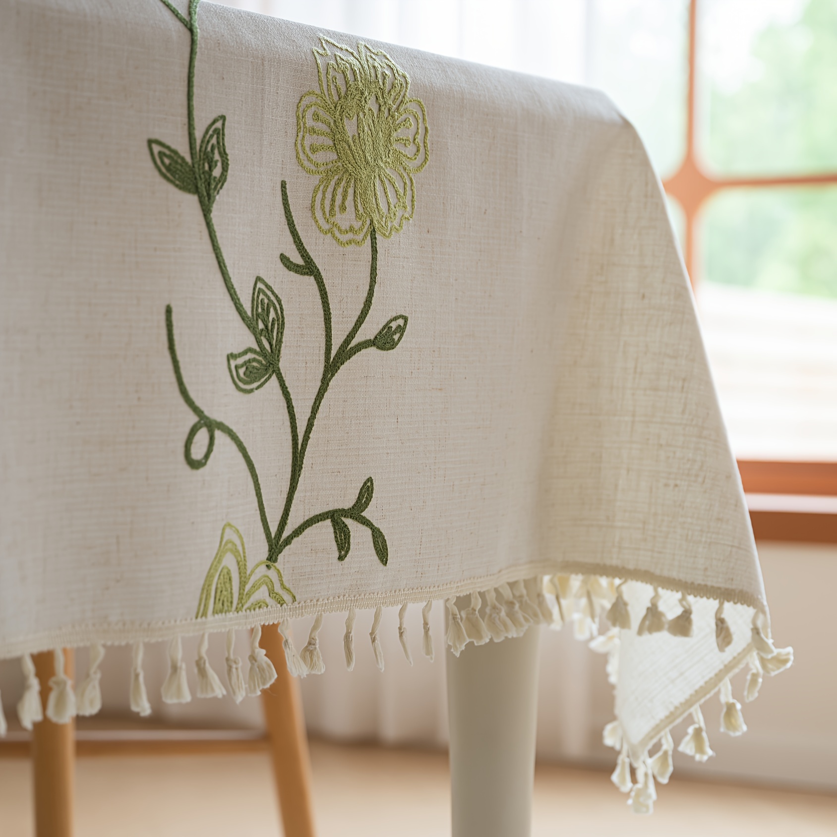 Nappe blanche aspect lin brodée rectangulaire 150 x 250 cm. Entretien
