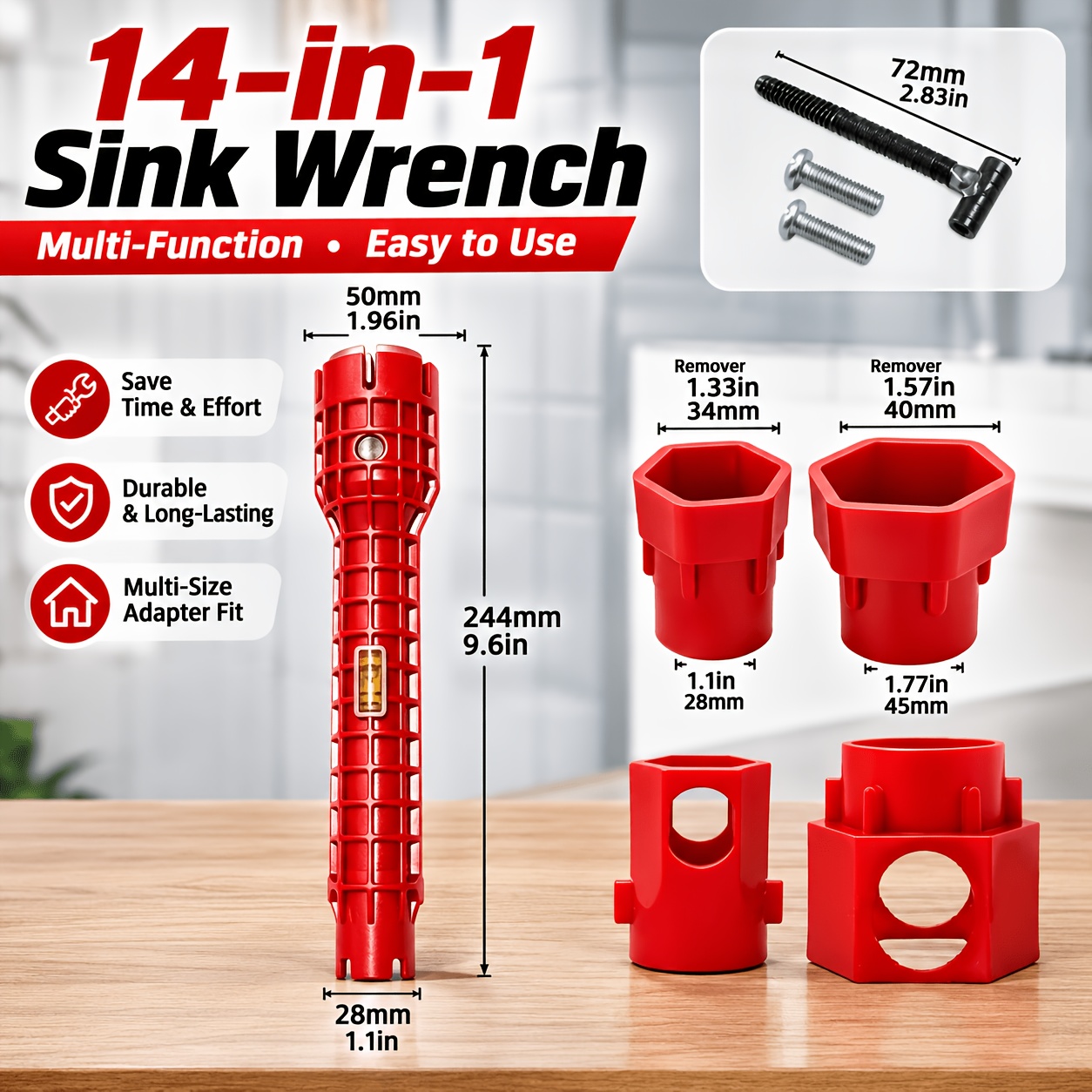 TEMU Kit d'outils multifonction 14-en-1 pour robinetterie : clé à évier, clé à tuyau, robinet, vanne d'angle, outil d'installation et de retrait pour