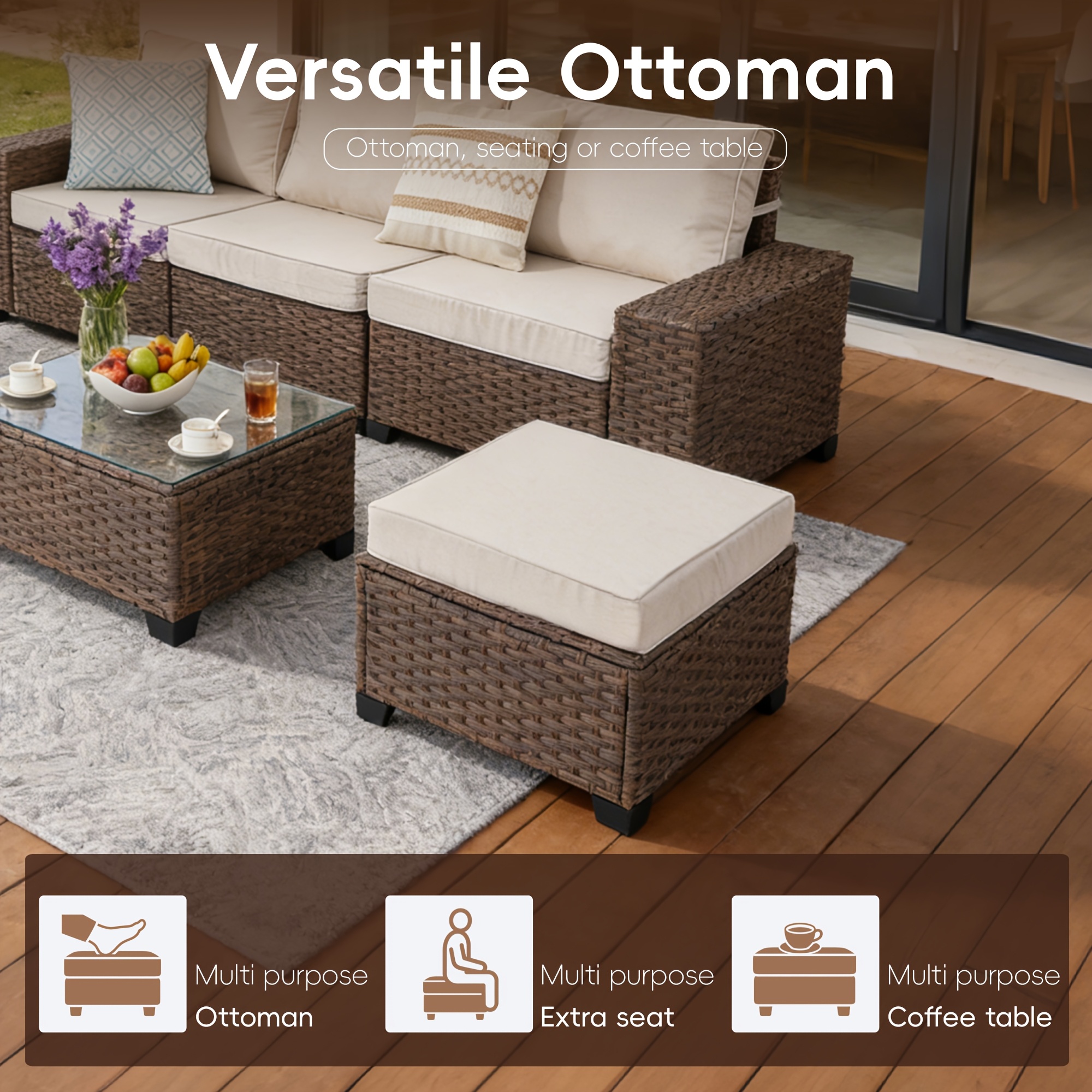 RAISED Patio Furniture Set, 2piece/3piece/4piece/6piece Wicker Outdoor Patio Furniture Sets with Cushions And Coffee Table, Outdoor Sectional Boho Patio Conversation Set Sectional Sofa for Backyard, Porch, Beige/Blue