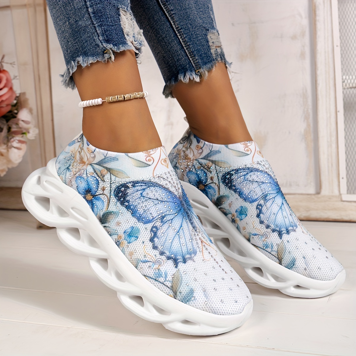 

Women's Lightweight Sneakers, Breathable Athletic Shoes With Butterfly Pattern, Fashion Low Top Slip On Trainers