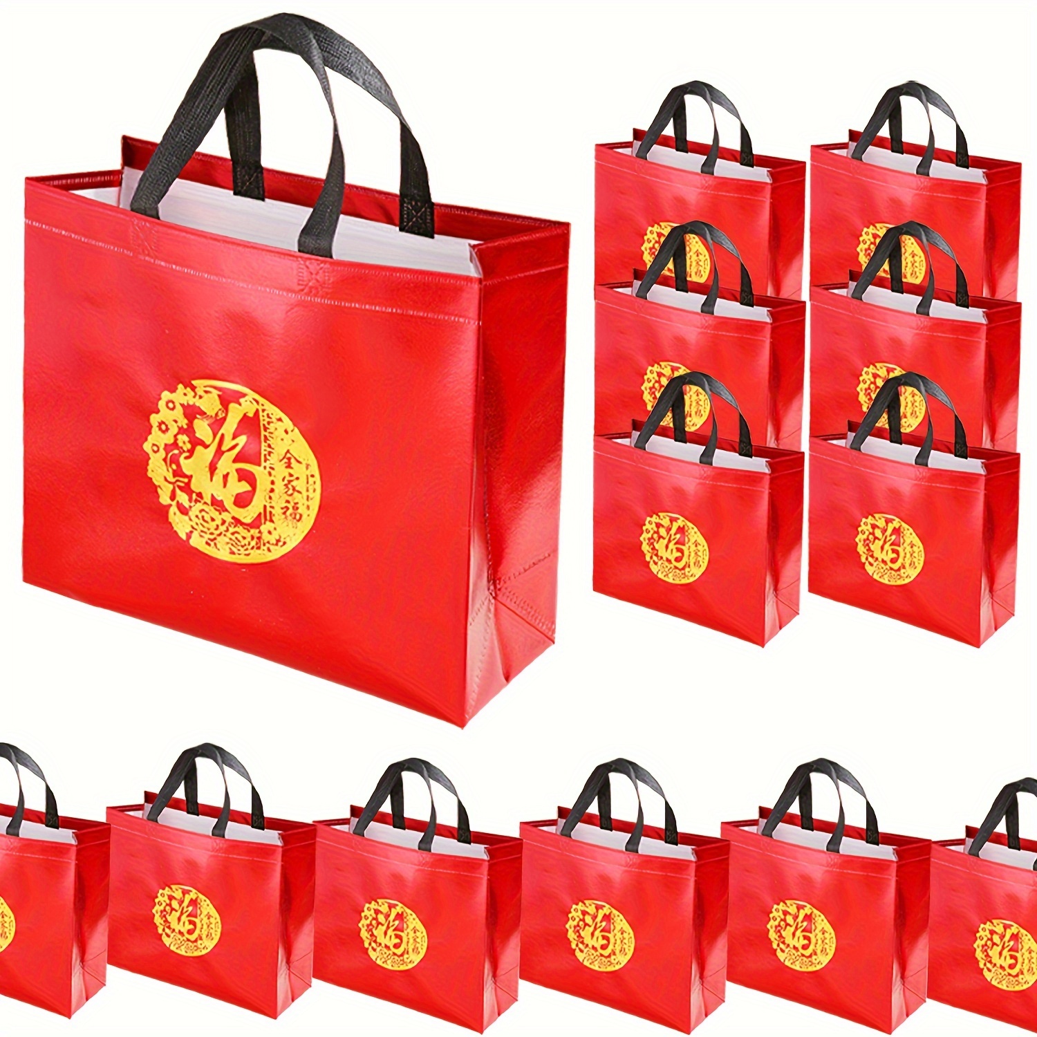 

10pcs Large Red & Golden Chinese New Year Gift Bags With Handles - Reusable, Polypropylene Tote Bags Featuring Traditional For 2025 Celebrations, Gift Bags For Gifts, , Party