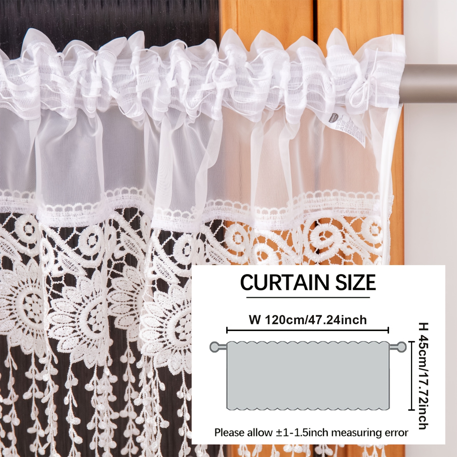 E-shop Kurzer Küchenvorhang, 100 × , Tüll-Polyester-Kaffee-Vorhang, bestickte Spitze, für Gardinenstange oder Clip-Aufhängung, kleiner Vorhang,