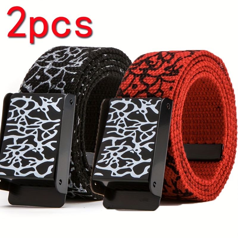 

2pcs Unisex Street Style Canvas Belts With Symmetrical Iron Buckle, Hip-hop Graffiti Fashion Belts For Couples