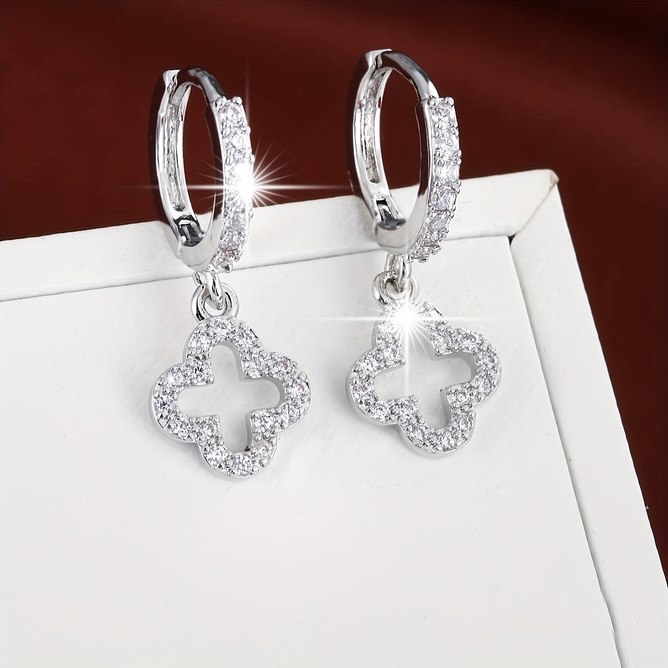 

Hollow Clover Full Shiny Zircon Inlaid Dangle Earrings Elegant Simple Style Lucky Female Earrings