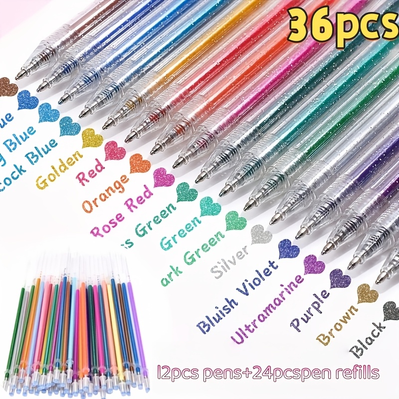 36pcs (12pcs Pens And 24pcs Refills) Color-changing Luminous Pens, Desert Glitter Sparkly Pens, Aurora Shimmering Pens, Fluorescent Pens For Journaling And Drawing