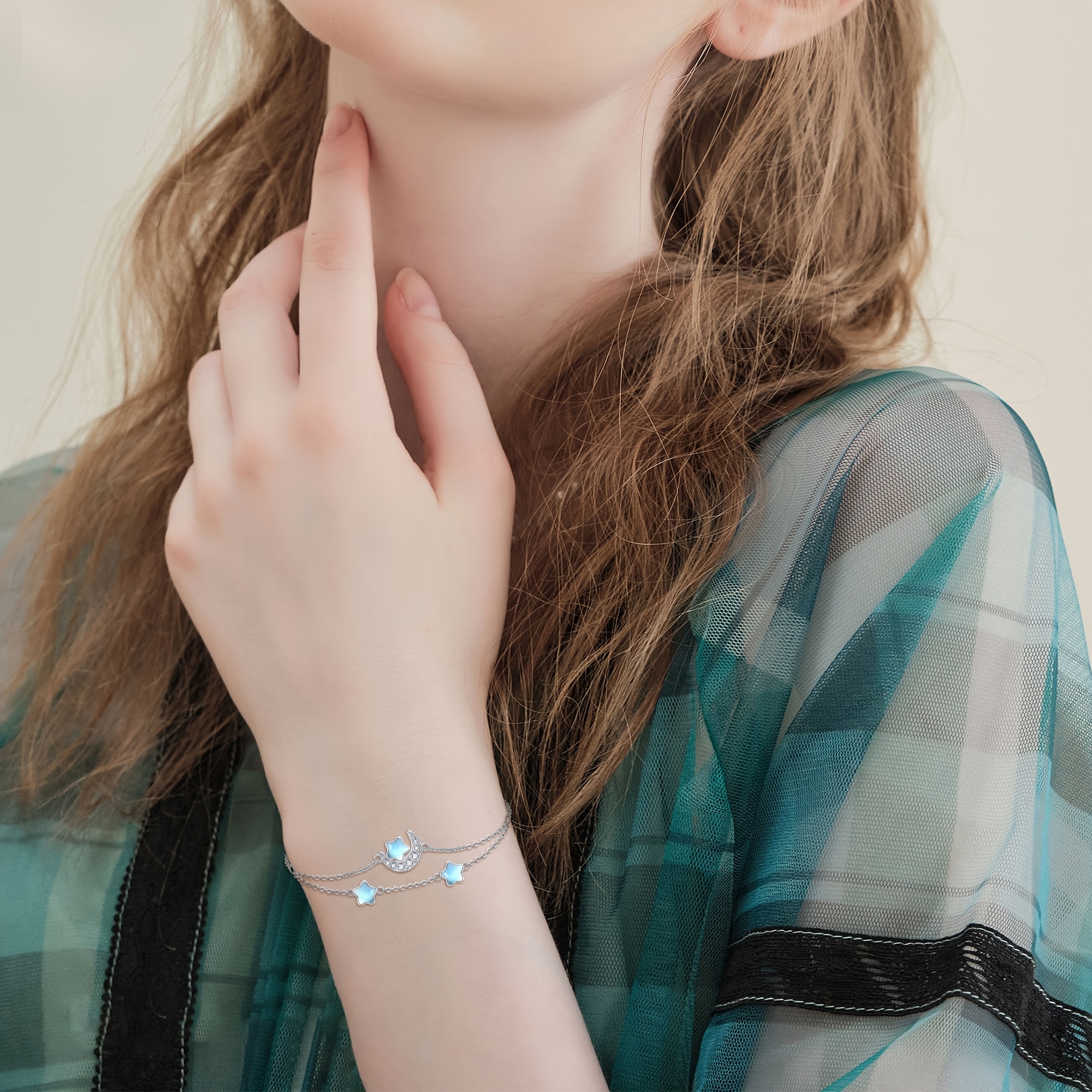 S925 Silver Moon Star Bracelet with Moonstone for Women