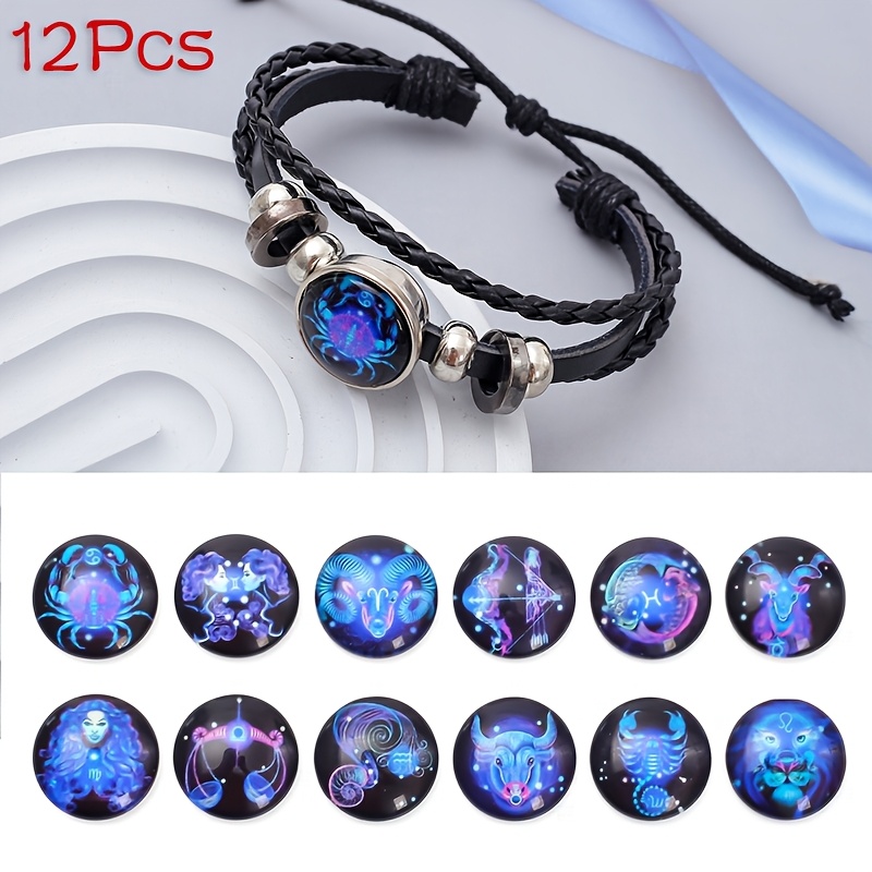 TEMU Set Of 12 Constellation Guardian Bracelets Designed For Men, Featuring An Adjustable Black Faux Leather Suitable For Women, Zodiac Sign Charm