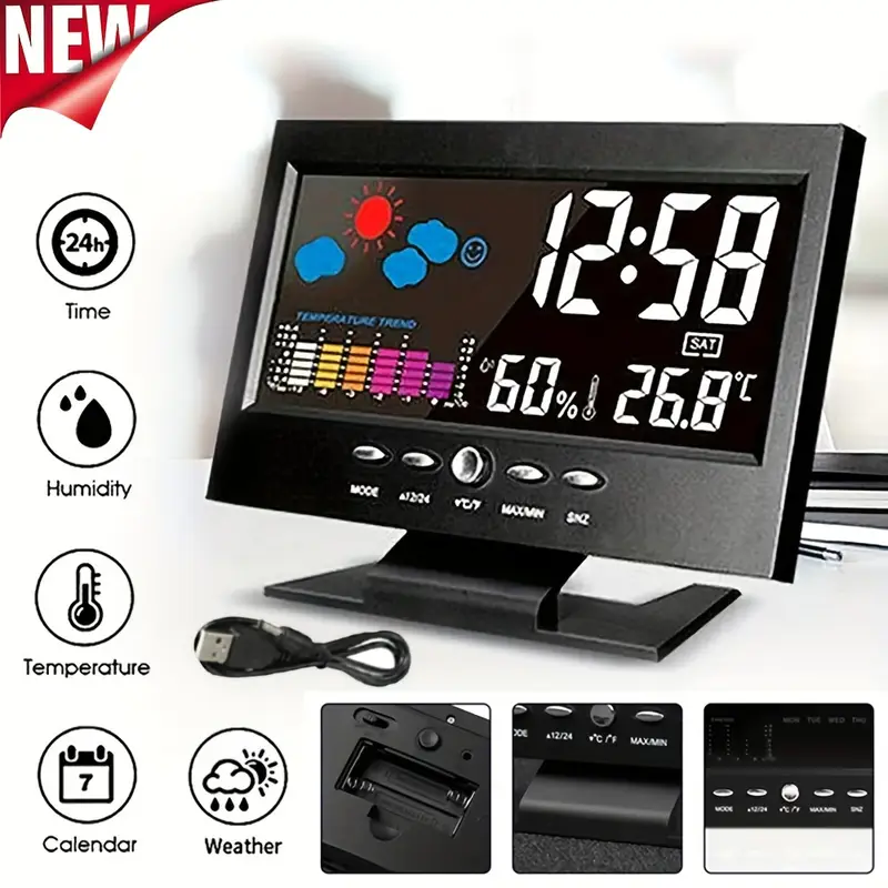 digital weather alarm clock voice control backlight temperature humidity calendar display glass material time weather forecast desk clock with color screen model 8028t 11 5cm x 15 5cm details 1
