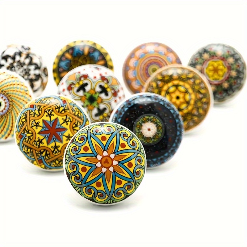 

10pcs Bohemian Round Ceramic Cabinet Handles - Antique Metal , Modern Home Decor, Including Screws, Drawers, Accessories