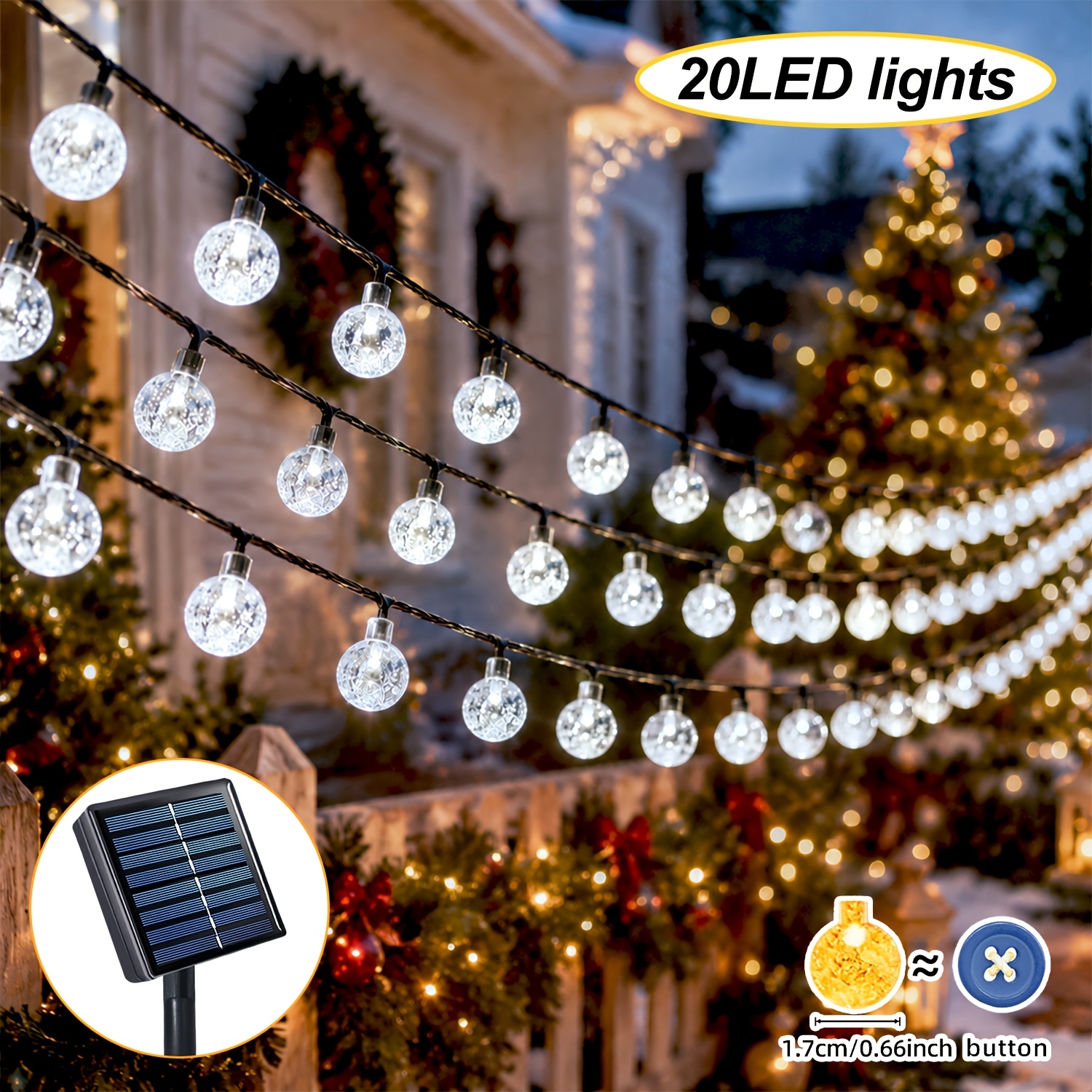Image of Solar Outdoor String Lights, 5m/7m/12m Solar Yard Fairy Lights /100 White, 8 Lighting Hanging Decor Lights, Ambient Lights For Patio, Railing, Christmas, Halloween, Wedding & Camping