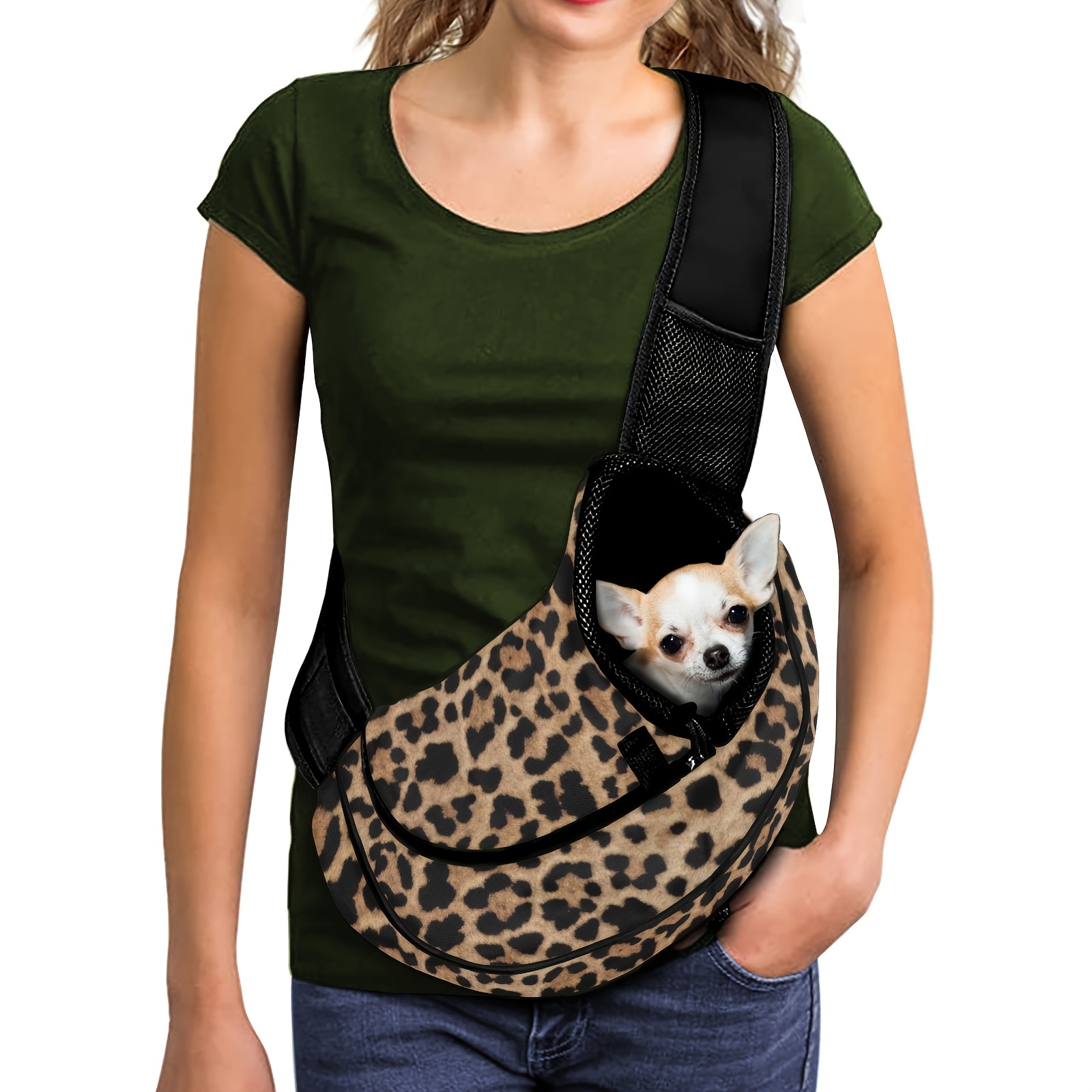 

Leopard Print Pet Shoulder Backpack For Small Dogs And Cats, 1 Pack, Hands-free Polyester Carrier With Adjustable Padded Strap, Zipper Closure, Breathable Head Opening, Built-in Leash Ring