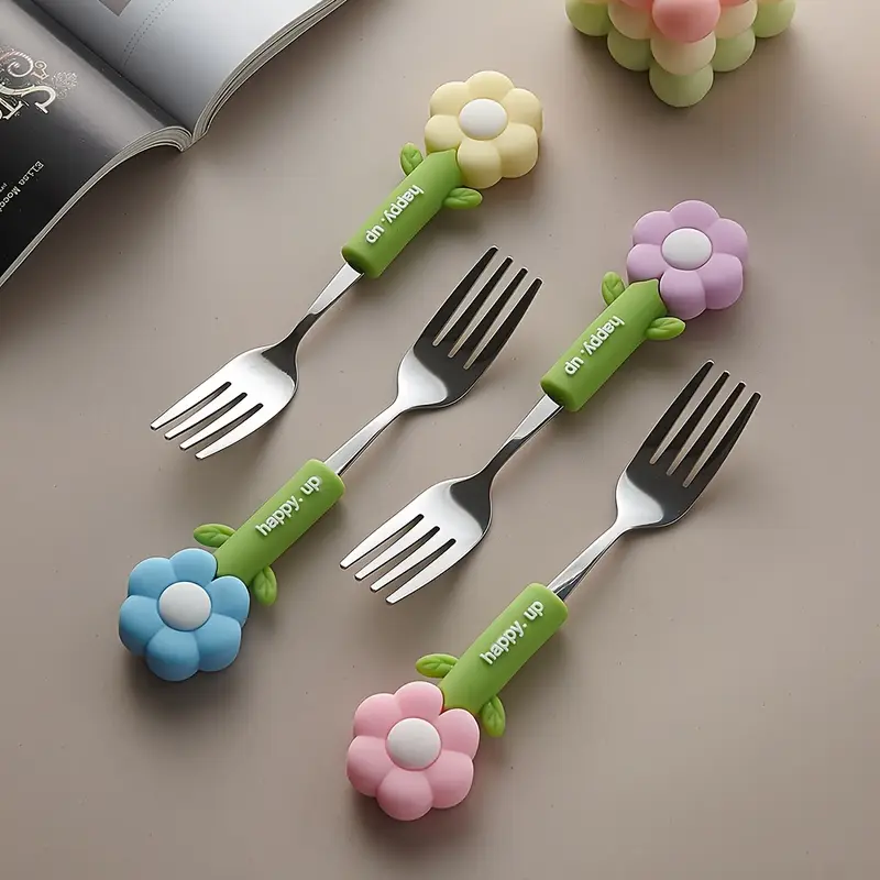 4pcs flower silicone handle fork and spoon set stainless steel tableware suitable for kitchen restaurant hotel carrying party travel camping Product details 4
