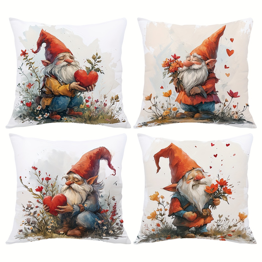 

4pcs, Watercolor Red Hat Gnome Four-piece Set Peach Skin Velvet Throw Pillow Cover, Home Comfortable Pillow Cover, Cushion Cover For Living Room Bedroom Sofa
