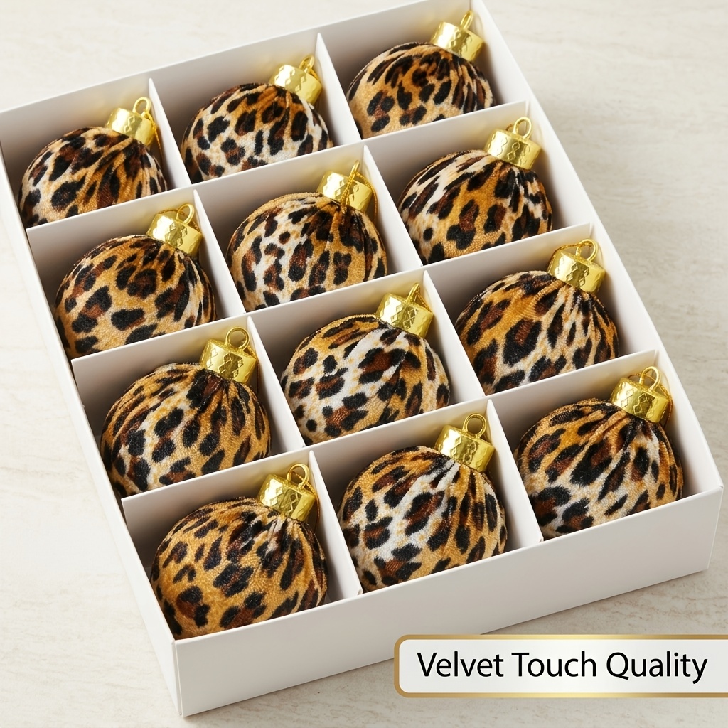 TEMU 12pcs Box 3.15 Inches/8cm Retro Leopard Print Velvet Christmas Ball Ornaments With Tassel, Velvet Anti-drop Plastic Christmas Tree Decorations