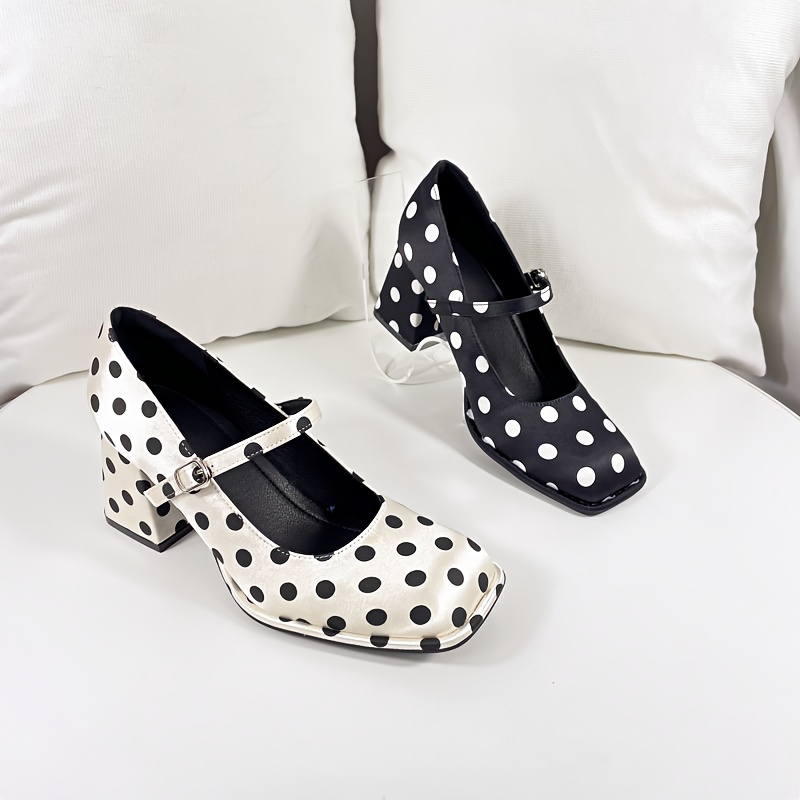 

Chic Polka Dot Pumps For Women - Comfortable Chunky Heel, Square Toe, Cover ,