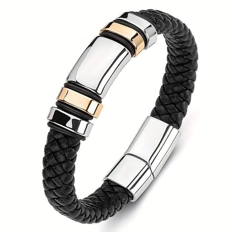 TEMU 1pc 's Classic Single Layer Handmade Braided Leather Bracelet With Magnetic Clasp Fashion Casual Jewelry Gift