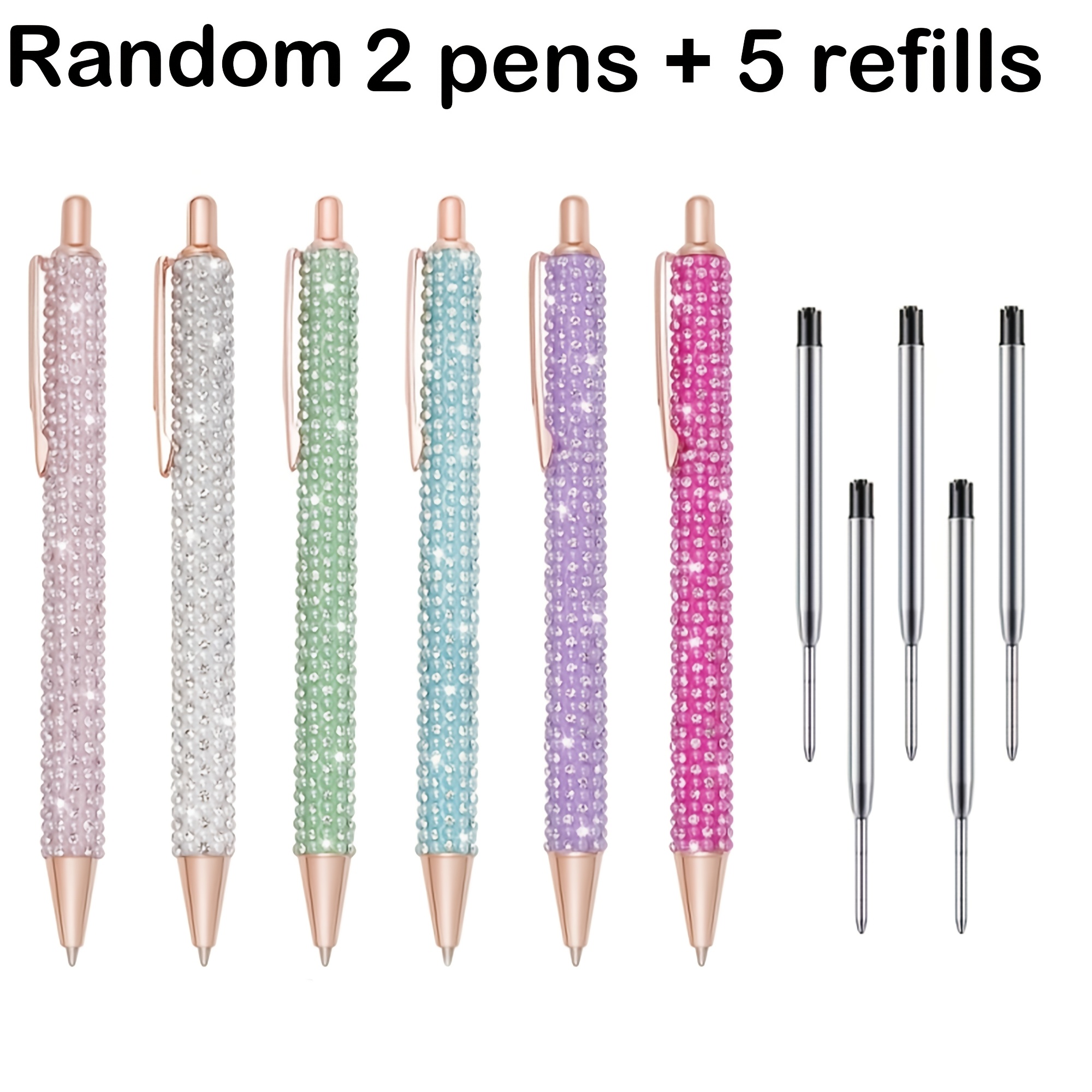 Image of Random 7pcs Shiny Rhinestone Decorative Metal Retractable Ballpoint Pen (2 Pens + 5 Refills), Cute , Cute Heart Gift Pen, For Christmas, Student Stationery | Shiny Pen | Metal Pen