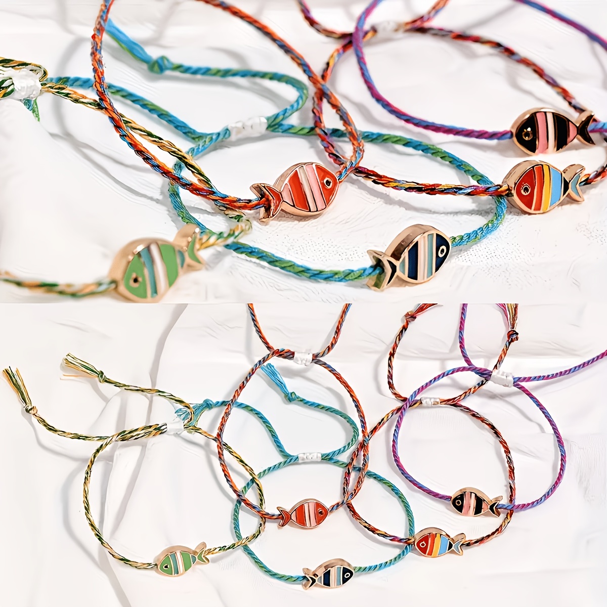 Image of 10pcs Set Of Fashionable Colorful Small Fish Anklets/bracelets, Bohemian-style Hand-woven Adjustable Anklets/bracelets, Versatile For Beach Parties, Daily Wear, Or Vacation, A Small Gift Suitable For