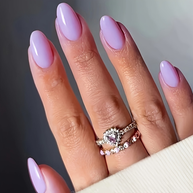 TEMU 24pcs Almond-shaped Short Press-on Nails - Lavender Purple Glossy Finish, Easy Application With Jelly Glue & Nail File, Reusable Fake Nails For