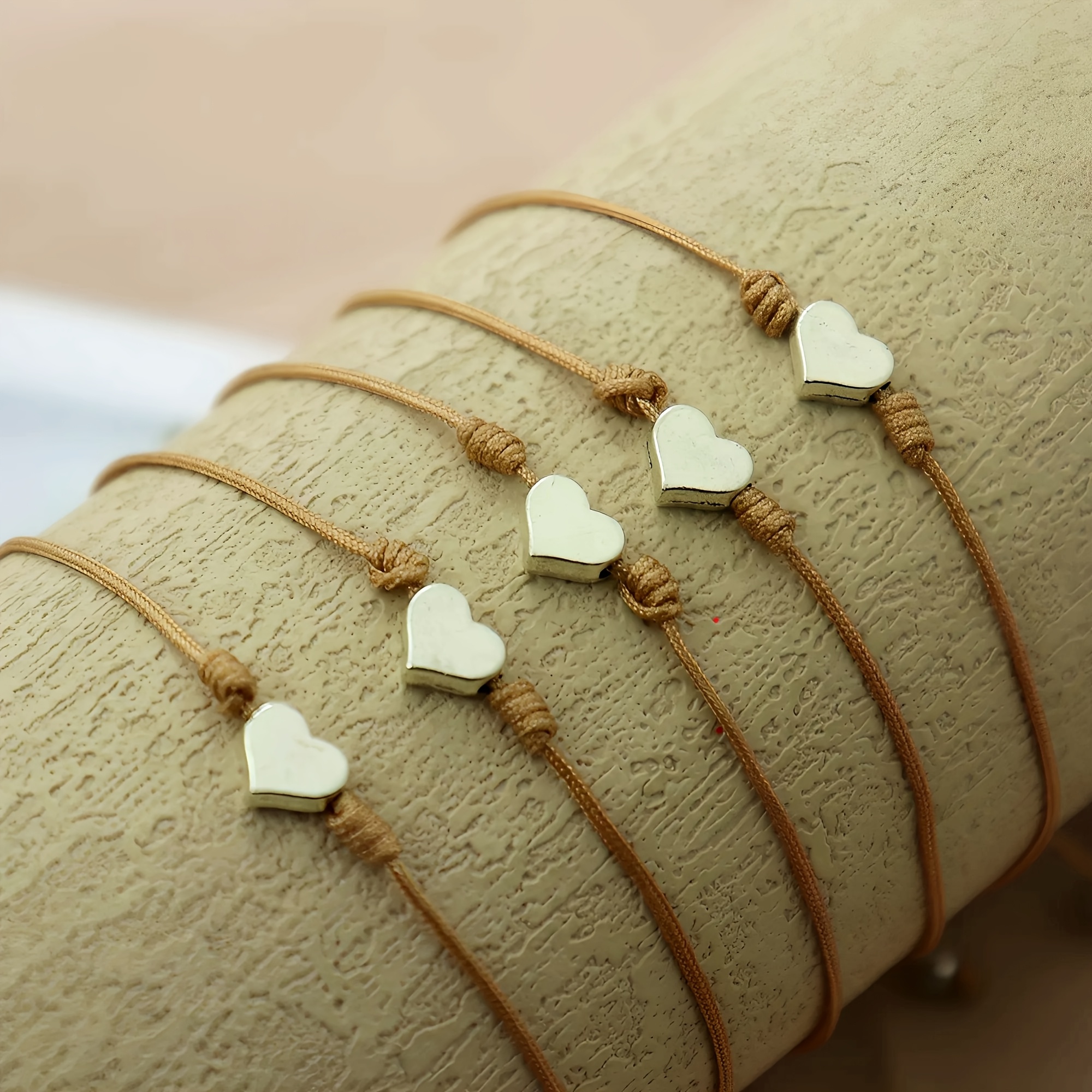 TEMU 5pcs Set Autumn/winter Elegant And Fashionable Heart-themed Woven Adjustable Stacking Bracelets For Women, Valentine's Day Gift, Alloy Material,