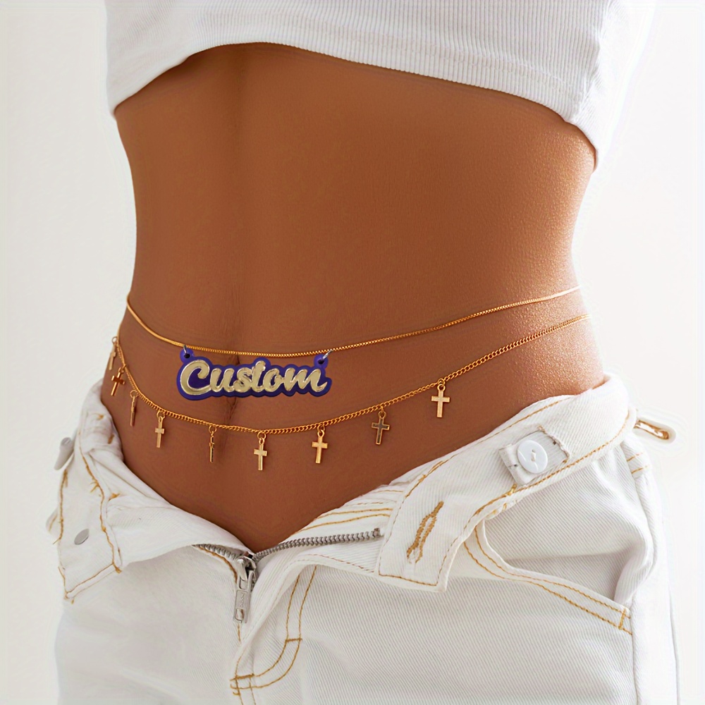 1* Name Waist Chain with Cross Pendant Personalized Double-Layer Copper  Body Jewelry, Elegant Stylish Gift for Women Casual Attire or Special 