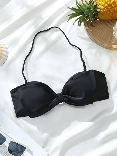 womens fashionable high stretch polyamide bikini top with sexy bow front solid color halter neck swimwear for vacation