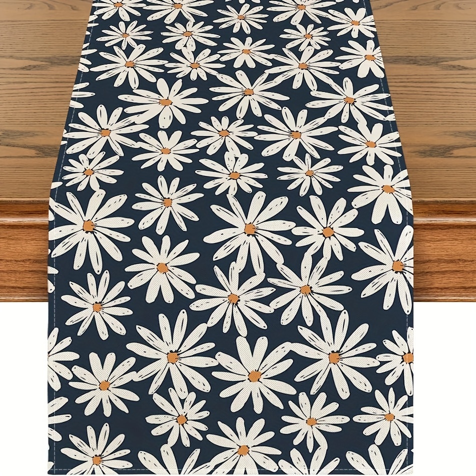 1枚 ネイビーブルー デイジーフラワー 夏用テーブルランナー 春秋季節