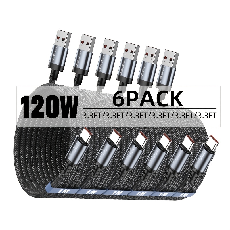 TEMU Câble de Charge Rapide USB C 120W 6pcs, [6pcs 6,6Ft] [6pcs 3,3Ft] Câble de Charge Rapide USB vers C, pour MacBook/iPad/iPhone 17/16/15 Air/Pro