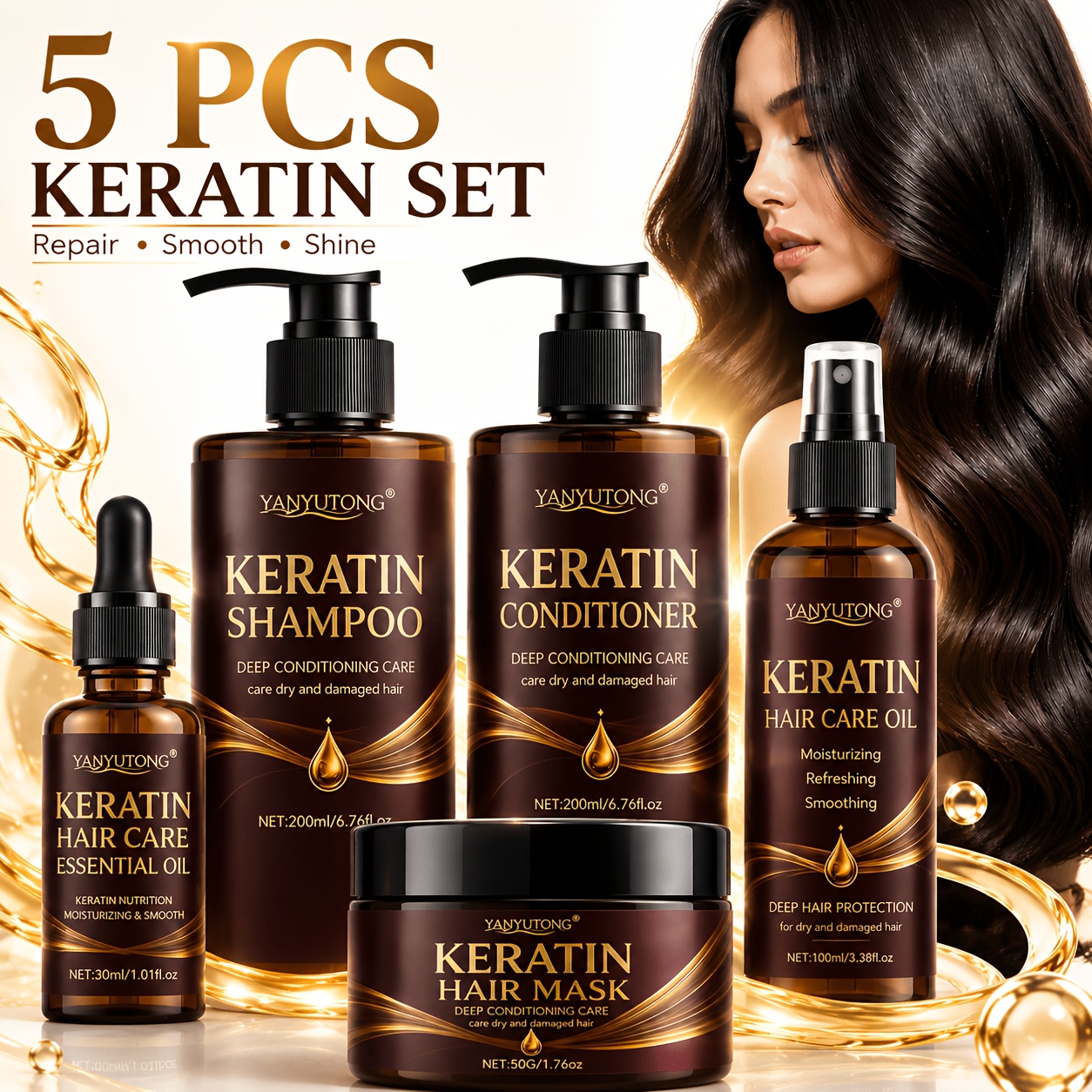 TEMU Keratin Hair Care 5pcs Set For Deep Of Dry And Damaged Hair, Oil Control Formula, Lightweight Texture, Smooth And Shiny, Plump And Fluffy .