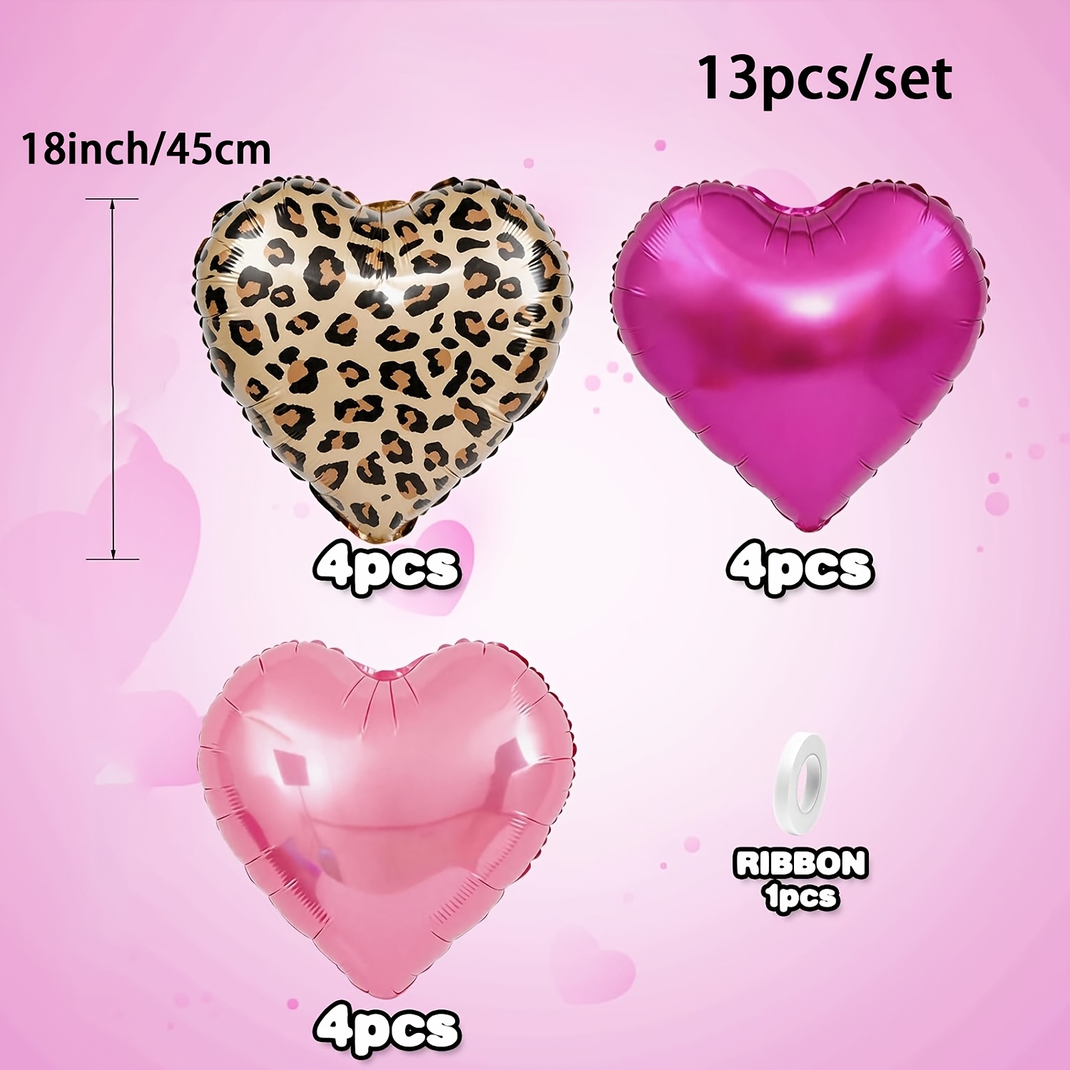 TEMU 13pcs Hot Pink Leopard Print Heart Balloons, Print Foil Balloons, (12pcs 18inch Print Heart Shaped Foil Balloons + 1pc Ribbon) For Shower