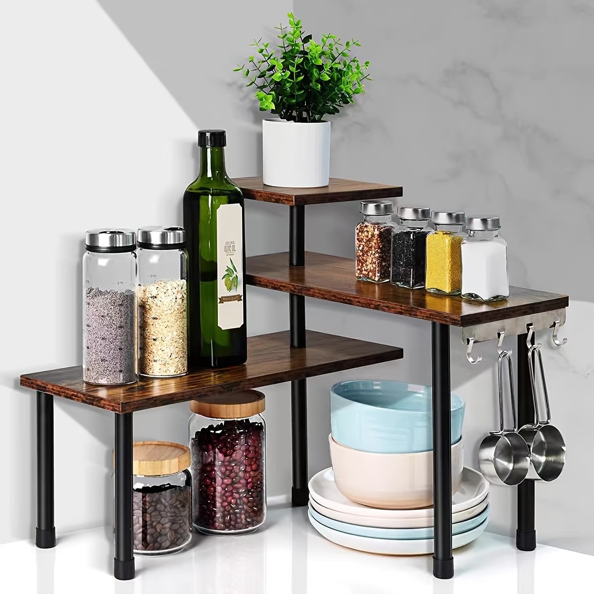 TEMU 3 Tier Adjustable Corner Shelf Countertop Organizer, Multi-tier Spice Storage Rack, Space-saving Triangle Corner Storage Organizer For Kitchen,
