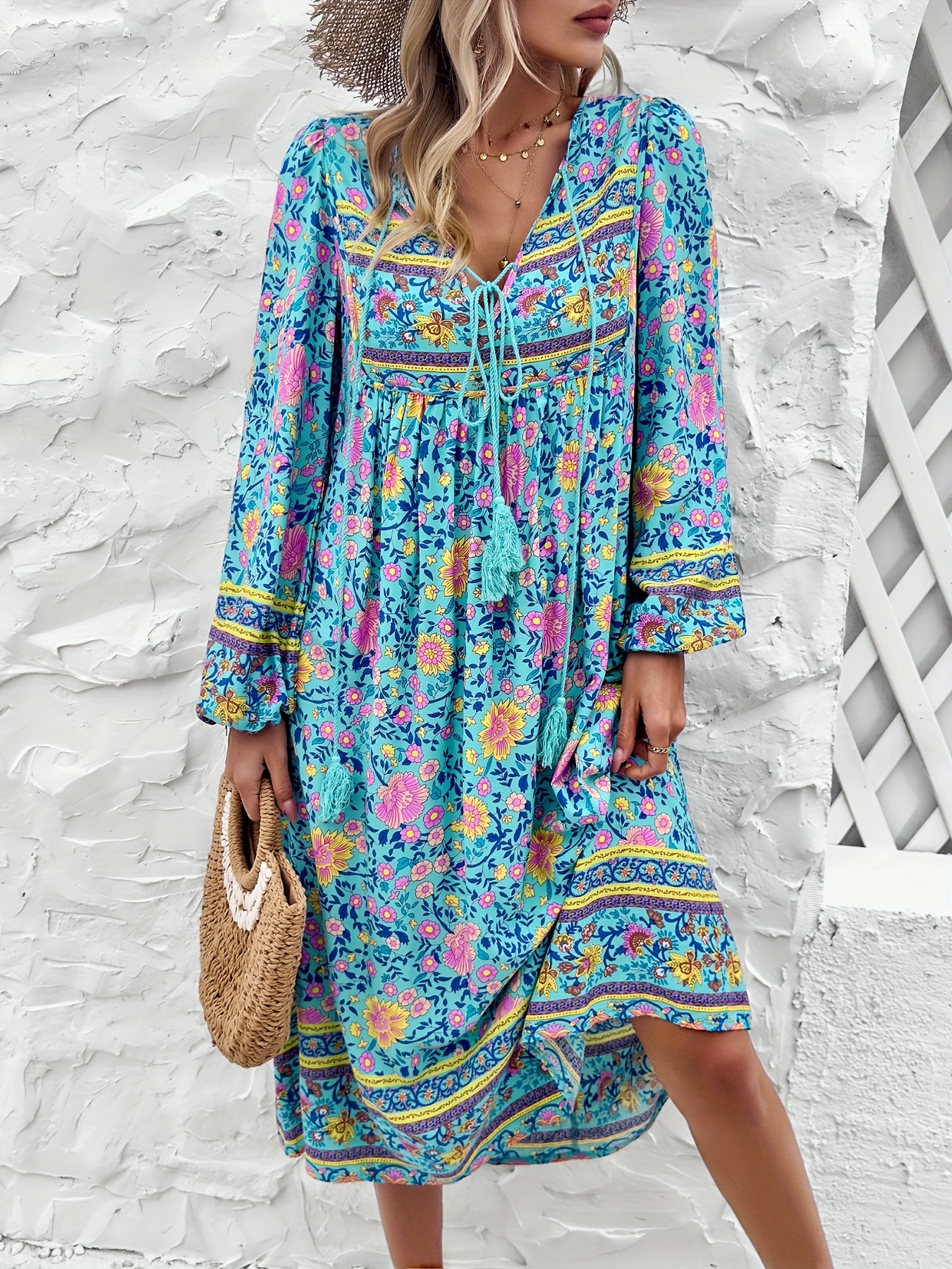   womens casual loose bohemian tassel print long sleeve dress