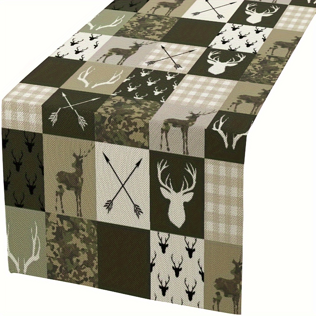 1pc Farmhouse Moose Deer Bear Table Runner, Camouflage Vintage Country Style Pattern Printed Linen Table Runner For Home Kitchen Dining Table Decoration