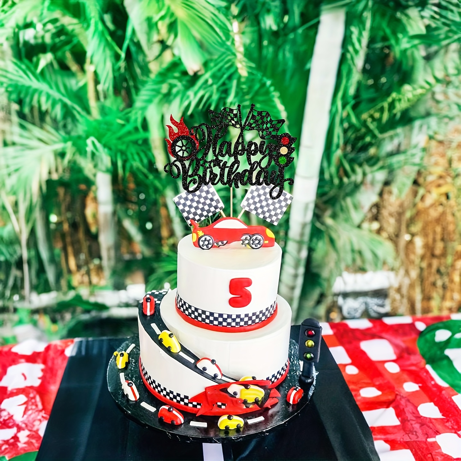Présentoir de gâteaux de fête de jeu de voiture de course de dessin animé à 3 niveaux, grille d'échiquier, support de Cupcake, décoration de plateau de gâteau de fête d'anniversaire